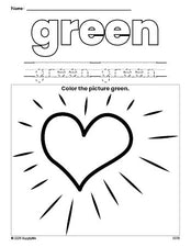 Free Valentine's Day heart color green coloring page and color worksheet, green worksheet for preschoolers to learn colors, printable PDF