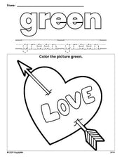 Free Valentine's Day heart color green coloring page and color worksheet, green worksheet for preschoolers to learn colors, printable PDF