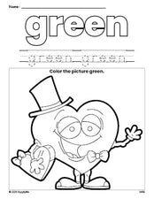 Free Valentine's Day heart color green coloring page and color worksheet, green worksheet for preschoolers to learn colors, printable PDF