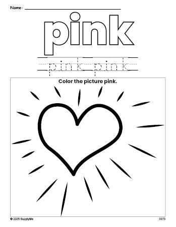 Free Valentine's Day heart color pink coloring page and color worksheet, pink worksheet for preschoolers to learn colors, printable PDF