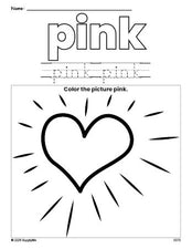 Free Valentine's Day heart color pink coloring page and color worksheet, pink worksheet for preschoolers to learn colors, printable PDF