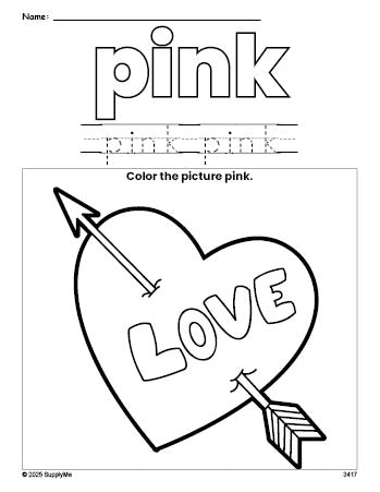 Free Valentine's Day heart color pink coloring page and color worksheet, pink worksheet for preschoolers to learn colors, printable PDF