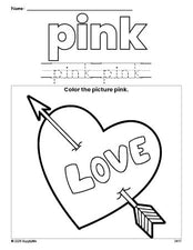 Free Valentine's Day heart color pink coloring page and color worksheet, pink worksheet for preschoolers to learn colors, printable PDF