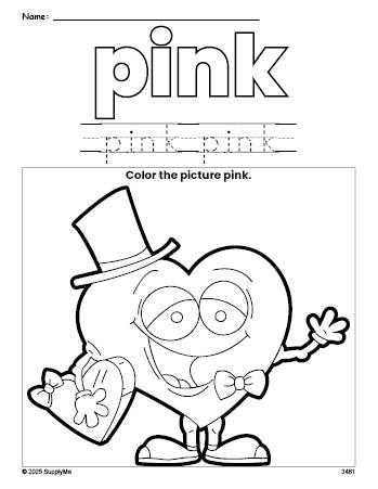 Free Valentine's Day heart color pink coloring page and color worksheet, pink worksheet for preschoolers to learn colors, printable PDF