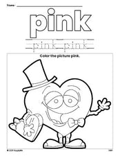 Free Valentine's Day heart color pink coloring page and color worksheet, pink worksheet for preschoolers to learn colors, printable PDF