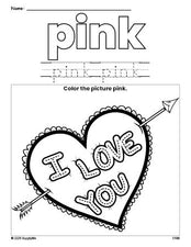 Free Valentine's Day heart color pink coloring page and color worksheet, pink worksheet for preschoolers to learn colors, printable PDF