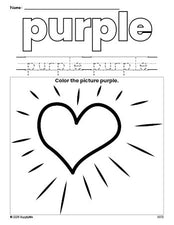 Free Valentine's Day heart color purple coloring page and color worksheet, purple worksheet for preschoolers to learn colors, printable PDF