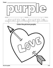 Free Valentine's Day heart color purple coloring page and color worksheet, purple worksheet for preschoolers to learn colors, printable PDF