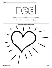 Free Valentine's Day heart color red coloring page and color worksheet, red worksheet for preschoolers to learn colors, printable PDF