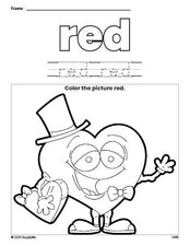 Free Valentine's Day heart color red coloring page and color worksheet, red worksheet for preschoolers to learn colors, printable PDF