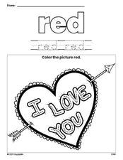 Free Valentine's Day heart color red coloring page and color worksheet, red worksheet for preschoolers to learn colors, printable PDF