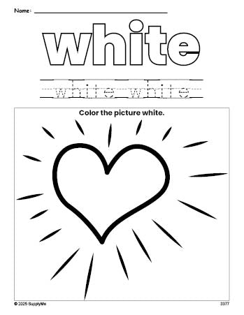 Free Valentine's Day heart color white coloring page and color worksheet, white worksheet for preschoolers to learn colors, printable PDF