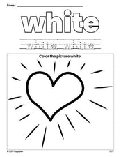 Free Valentine's Day heart color white coloring page and color worksheet, white worksheet for preschoolers to learn colors, printable PDF