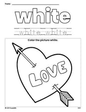 Free Valentine's Day heart color white coloring page and color worksheet, white worksheet for preschoolers to learn colors, printable PDF