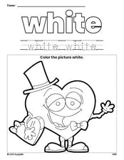 Free Valentine's Day heart color white coloring page and color worksheet, white worksheet for preschoolers to learn colors, printable PDF