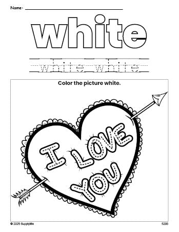 Free Valentine's Day heart color white coloring page and color worksheet, white worksheet for preschoolers to learn colors, printable PDF