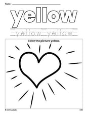 Free Valentine's Day heart color yellow coloring page and color worksheet, yellow worksheet for preschoolers to learn colors, printable PDF