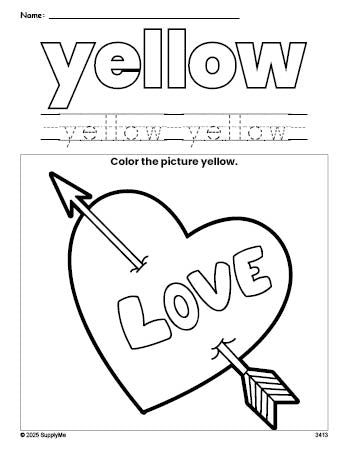 Free Valentine's Day heart color yellow coloring page and color worksheet, yellow worksheet for preschoolers to learn colors, printable PDF