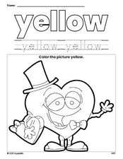 Free Valentine's Day heart color yellow coloring page and color worksheet, yellow worksheet for preschoolers to learn colors, printable PDF