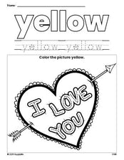 Free Valentine's Day heart color yellow coloring page and color worksheet, yellow worksheet for preschoolers to learn colors, printable PDF