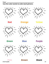 Free Valentine's Day heart coloring page and color worksheet for preschoolers to learn colors, printable PDF