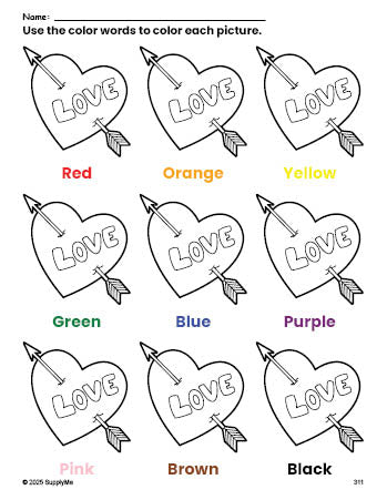 Free Valentine's Day heart coloring page and color worksheet for preschoolers to learn colors, printable PDF