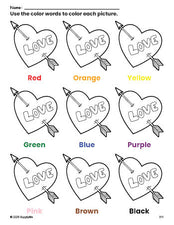 Free Valentine's Day heart coloring page and color worksheet for preschoolers to learn colors, printable PDF