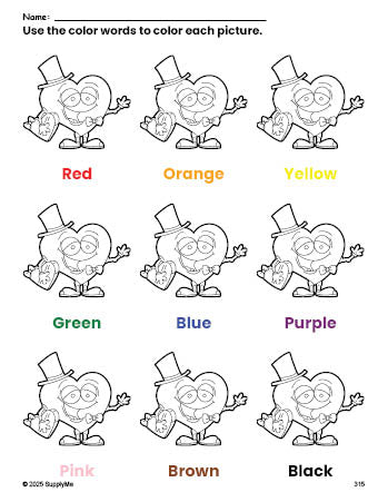 Free Valentine's Day heart coloring page and color worksheet for preschoolers to learn colors, printable PDF