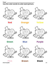 Free Valentine's Day heart coloring page and color worksheet for preschoolers to learn colors, printable PDF