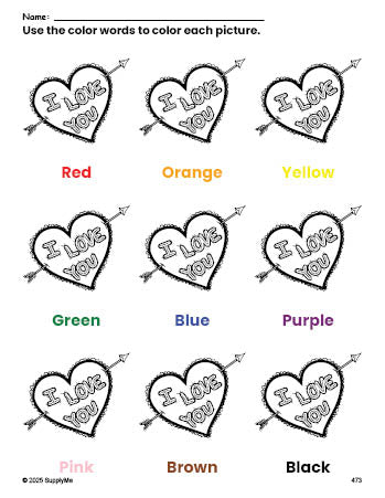 Free Valentine's Day heart coloring page and color worksheet for preschoolers to learn colors, printable PDF