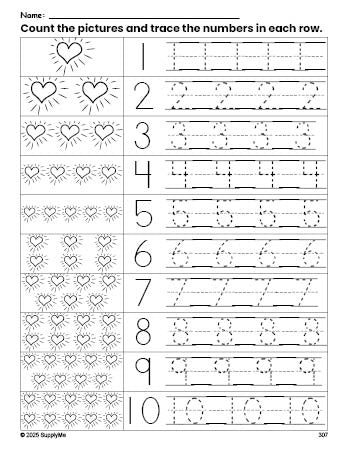 Free printable Valentine's Day heart counting worksheet for preschool and pre-k with number tracing practice 1-10, PDF