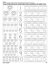 Free printable Valentine's Day heart counting worksheet for preschool and pre-k with number tracing practice 1-10, PDF