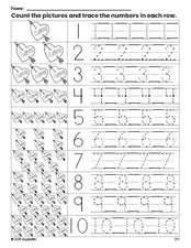 Free printable Valentine's Day heart counting worksheet for preschool and pre-k with number tracing practice 1-10, PDF