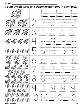 Free printable Valentine's Day heart counting worksheet for preschool and pre-k with number tracing practice 1-10, PDF