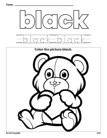 Free Valentine's Day teddy bear color black coloring page and color worksheet, black worksheet for preschoolers to learn colors, printable PDF