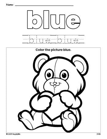 Free Valentine's Day teddy bear color blue coloring page and color worksheet, blue worksheet for preschoolers to learn colors, printable PDF