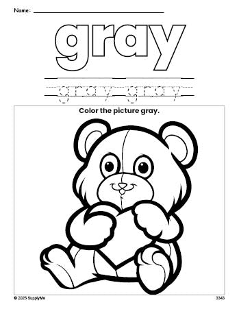 Free Valentine's Day teddy bear color gray coloring page and color worksheet, gray worksheet for preschoolers to learn colors, printable PDF