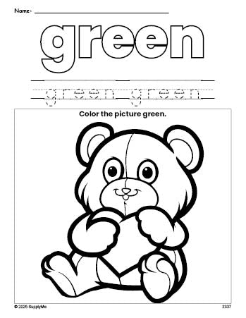 Free Valentine's Day teddy bear color green coloring page and color worksheet, green worksheet for preschoolers to learn colors, printable PDF