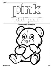 Free Valentine's Day teddy bear color pink coloring page and color worksheet, pink worksheet for preschoolers to learn colors, printable PDF