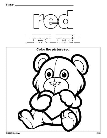 Free Valentine's Day teddy bear color red coloring page and color worksheet, red worksheet for preschoolers to learn colors, printable PDF