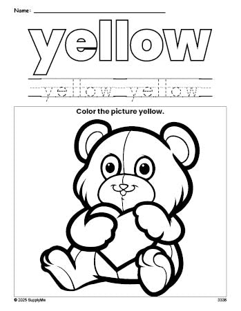 Free Valentine's Day teddy bear color yellow coloring page and color worksheet, yellow worksheet for preschoolers to learn colors, printable PDF