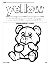 Free Valentine's Day teddy bear color yellow coloring page and color worksheet, yellow worksheet for preschoolers to learn colors, printable PDF