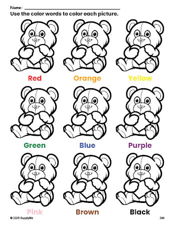 Free Valentine's Day teddy bear coloring page and color worksheet for preschoolers to learn colors, printable PDF