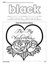 Free Valentine's Day valentine color black coloring page and color worksheet, black worksheet for preschoolers to learn colors, printable PDF