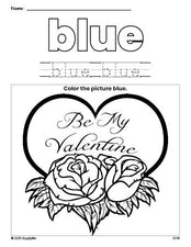 Free Valentine's Day valentine color blue coloring page and color worksheet, blue worksheet for preschoolers to learn colors, printable PDF