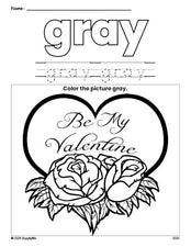 Free Valentine's Day valentine color gray coloring page and color worksheet, gray worksheet for preschoolers to learn colors, printable PDF