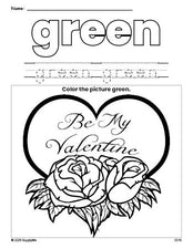 Free Valentine's Day valentine color green coloring page and color worksheet, green worksheet for preschoolers to learn colors, printable PDF