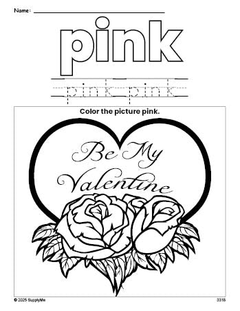 Free Valentine's Day valentine color pink coloring page and color worksheet, pink worksheet for preschoolers to learn colors, printable PDF