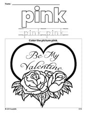 Free Valentine's Day valentine color pink coloring page and color worksheet, pink worksheet for preschoolers to learn colors, printable PDF