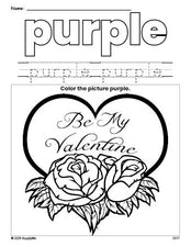 Free Valentine's Day valentine color purple coloring page and color worksheet, purple worksheet for preschoolers to learn colors, printable PDF